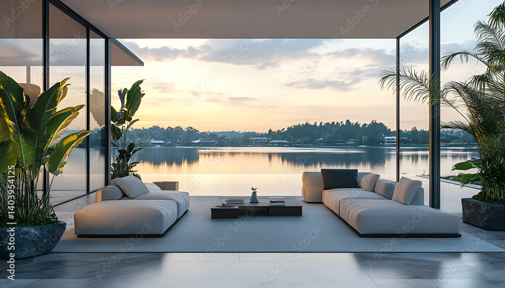 Fototapeta premium Stylish lanai patio on the waterfront of a Florida luxury mansion with a screened in pool, exterior design of the home