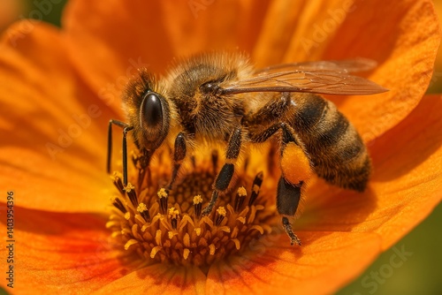Close-up View of a Busy Bee Collecting Nectar From a Vibrant Orange Flower in...