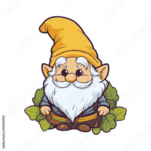 Cute garden gnome with yellow hat surrounded by green leaves on white background.