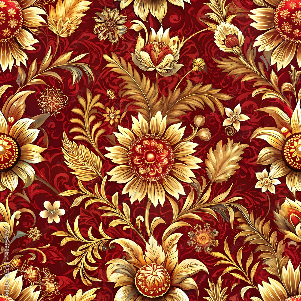 Dramatic Gold and Red Flowers on Mahogany Background seamless pattern with flowers new 2025 trendy seamless digital print Dramatic Gold and Red Flowers on Mahogany Background seamless pattern with flowers new 2025 trendy seamless digital print