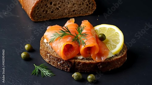 Preparing Open Sandwich with Salmon and Lemon Close Up