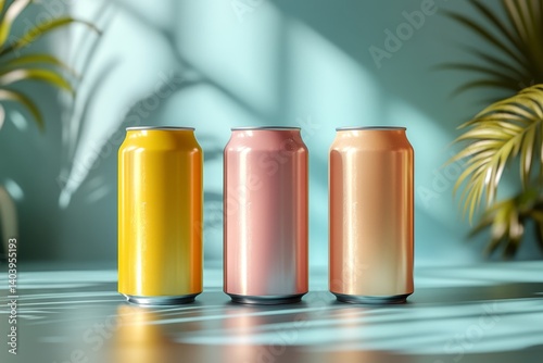 12 oz.  330ml Aluminium Can Mockup - Three Cans. Blank Label.  3D Illustration, Generative AI