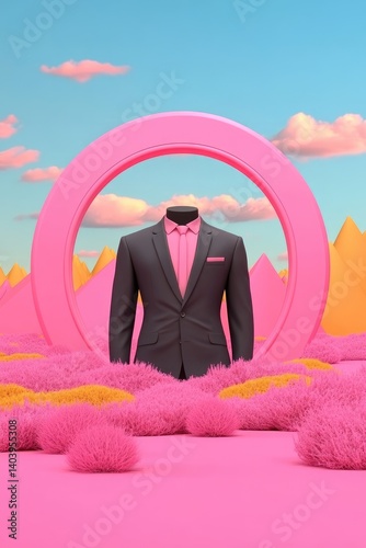 Surreal Headless Suit in Vibrant Pink Dreamscape with Geometric Elements