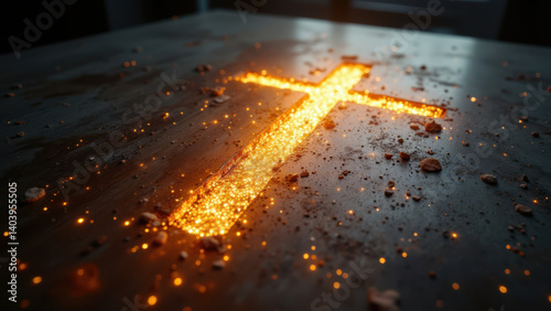 An artistic image showcasing a Christian cross with a mystical light effect on a table top.