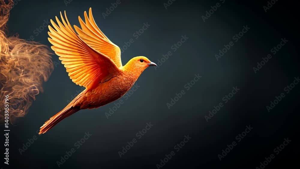 Vibrant gold bird in flight against dark backdrop, golden wings outstretched, freedom concept, ethereal bird soaring