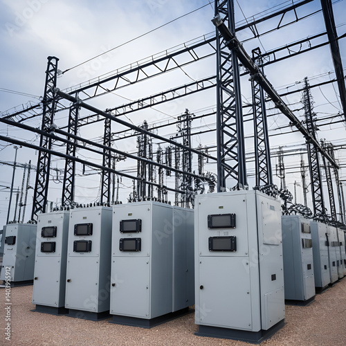 Power switching devices at a high-voltage substation. High voltage electrical installations.