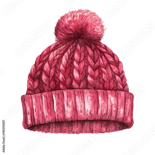 Cozy Knit Hat With Braided Patterns, vector watercolor illustration, isolated on a white background.