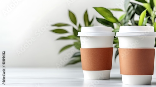 Two coffee cups on white marble table with greenery background.  Possible use Stock photo for coffee shop, beverage advertisement
