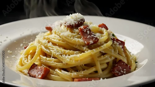 Serving Hot Pasta Dish with Grated Cheese and Meat on Plate