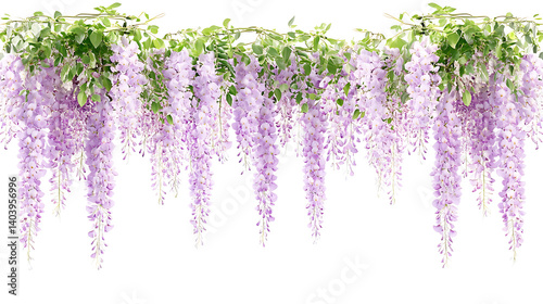 Purple Wisteria Hanging Clusters Against White Background