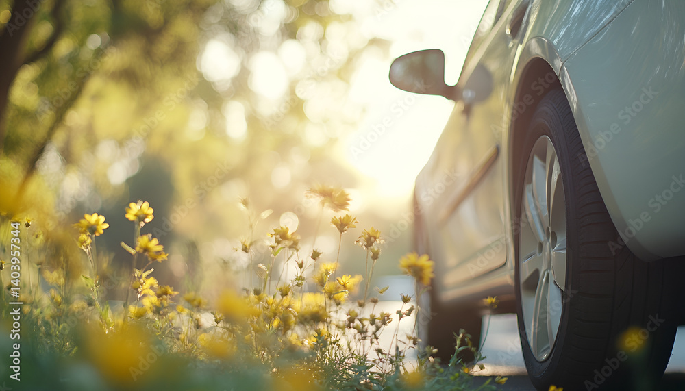 On a lovely spring day, a car sits parked in a lush green field beside a country road
