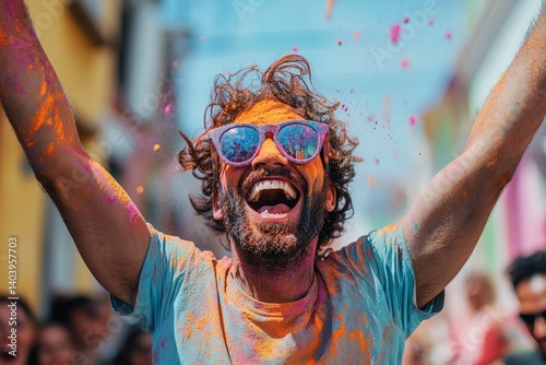 Happy people playing with colored powder, Generative AI