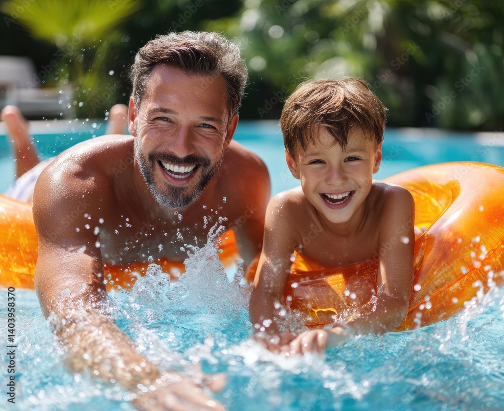 an attractive man and his son, both smiling with joy as they splash into the water in their backyard pool while floating on orange inflatable devices an attractive man and his son, both smiling with joy as they splash into the water in their backyard pool while floating on orange inflatable devices