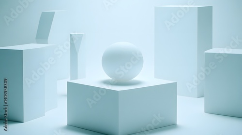 Abstract Minimalist 3D Render Light Blue Cubes Sphere