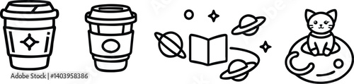 Coffee, Cosmos and Cat: Whimsical illustration of coffee cup, celestial bodies, open book, and a cat on its own planet. a lovely world created