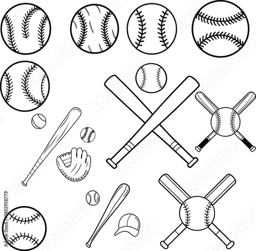 Baseball Clipart Set - Bats, Balls, Glove, Cap Line Art Illustrations