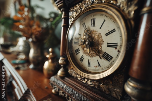Close up of an antique mantel clock with roman numerals and ornate gold detailing, sitting on a wooden table with decorative items in the background, detailed.