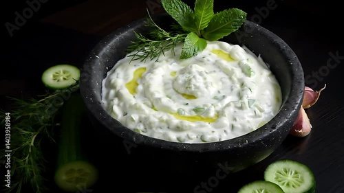 Preparing Creamy Cucumber Dip with Fresh Herbs and Olive Oil