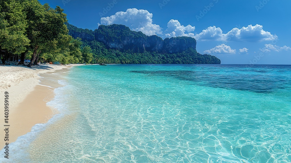 Fototapeta premium Pristine beach with turquoise water and limestone cliffs. Tranquil tropical paradise