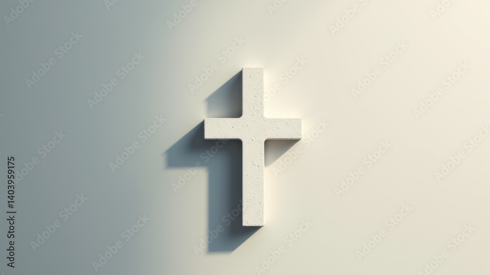 Fototapeta premium Christian cross on a white wall with shadows.