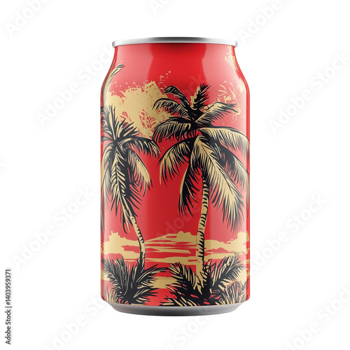 Top-down view of various beverage cans with different branding and graphic patterns on transparent png background. Ai generated