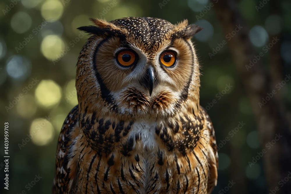 Owl with bright orange eyes against blurred forest background Owl with bright orange eyes against blurred forest background