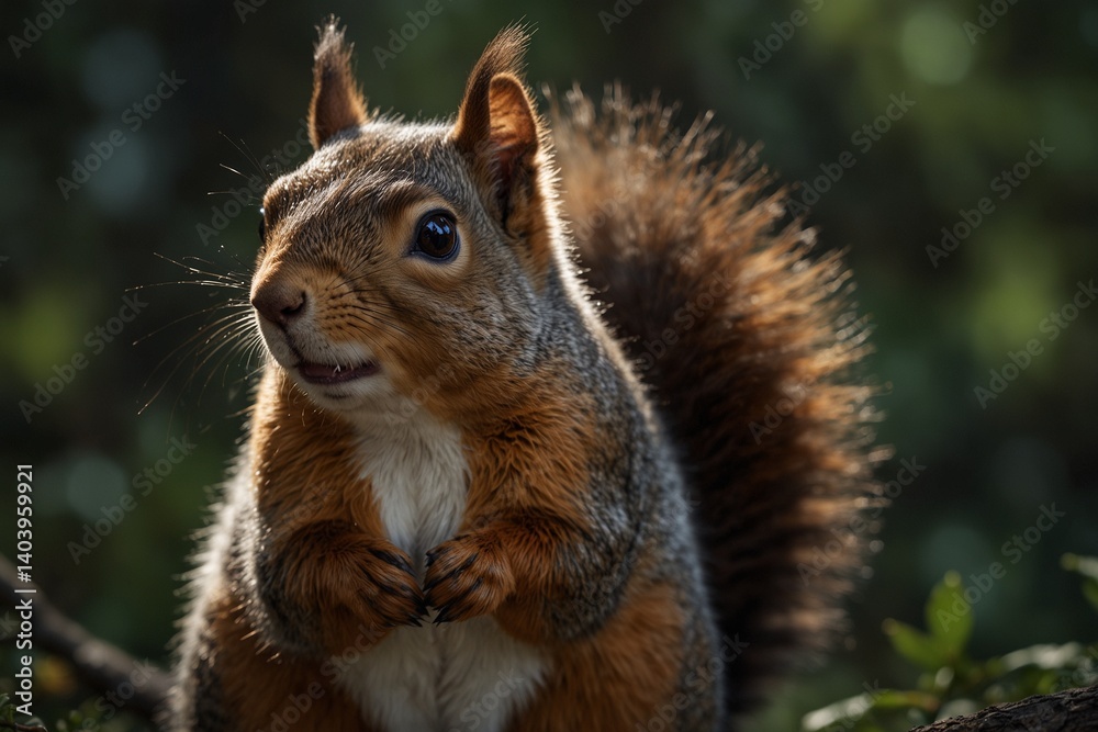Squirrel standing alert in sunlight against blurred background Squirrel standing alert in sunlight against blurred background