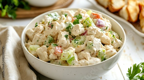 Delicious creamy chicken salad with celery and peppers eat food meal dish bowl diet lunch tasty white