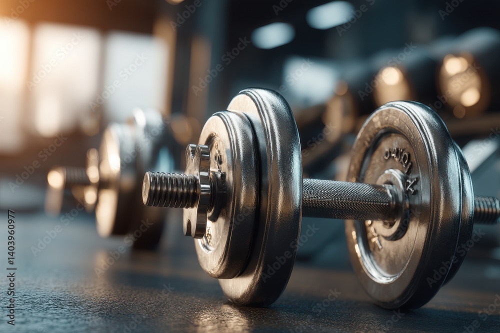 Naklejka premium A close-up view of several shiny metal dumbbells resting on a gym floor, showcasing strength and fitness equipment with weight training and exercise concept.