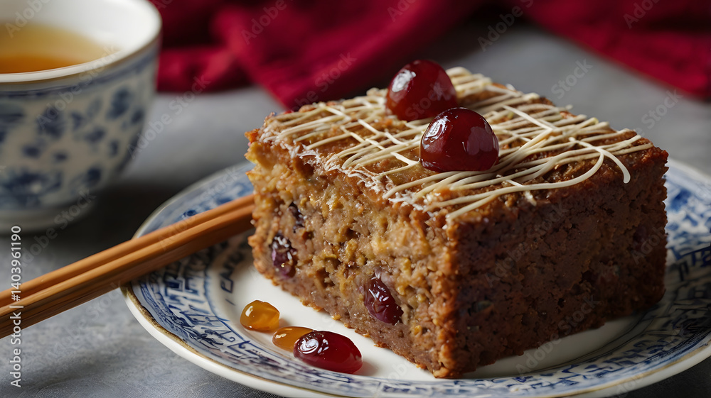 Closeup of red date cake picked up with chopsticks