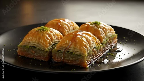 Serving Delicious Layered Pastry with Syrup on Black Plate