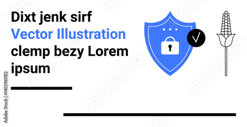 Shield with lock and checkmark sign next to wheat spike. Ideal for security, agriculture, insurance, trust, compliance, technology, and simple landing page