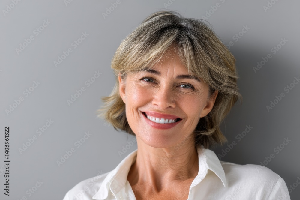The portrait of a mature woman with grey hair highlights her beautiful smile and laugh lines, exemplifying healthy skin care and beauty The portrait of a mature woman with grey hair highlights her beautiful smile and laugh lines, exemplifying healthy skin care and beauty