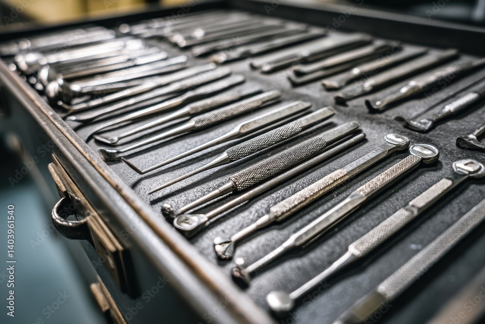 Close up of antique silver surgical instruments neatly organized in a black, vintage case showing fine craftsmanship and historical medical practice details. Close up of antique silver surgical instruments neatly organized in a black, vintage case showing fine craftsmanship and historical medical practice details.
