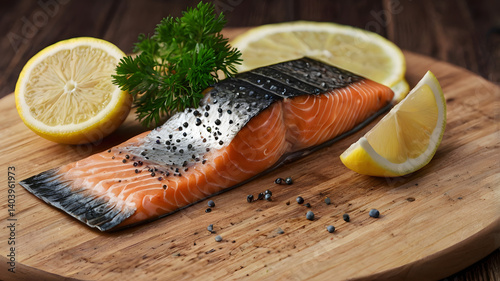 Obraz na płótnie Fresh salmon fish fillet on wooden board and lemon w salonie