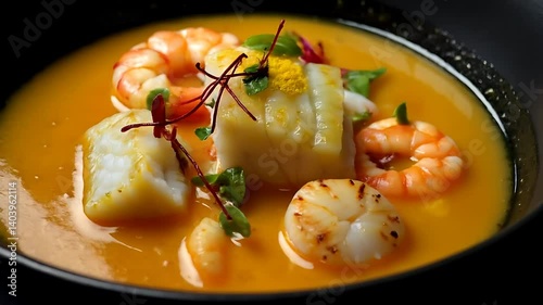 Serving Seafood Soup in Black Bowl with Shrimp and Fish