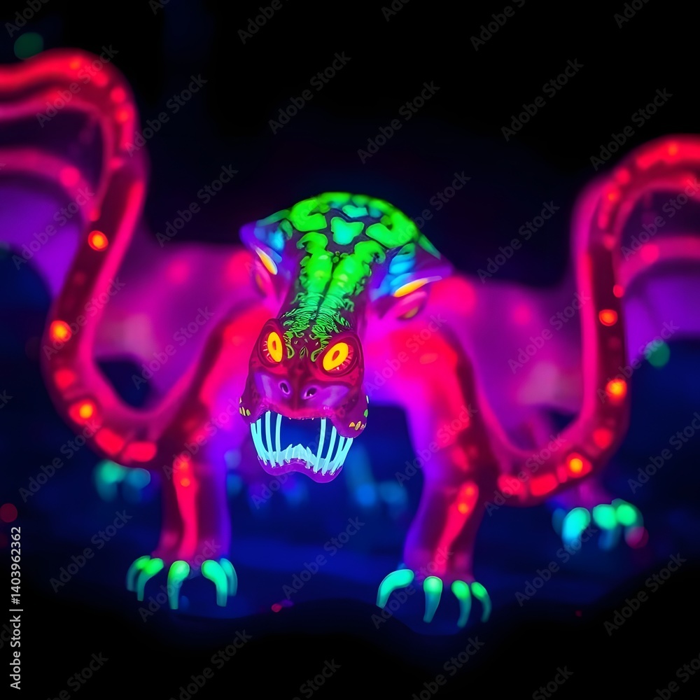 Fototapeta premium Fluorescent fantasy dragon with glowing green, pink, and red body standing against black background
