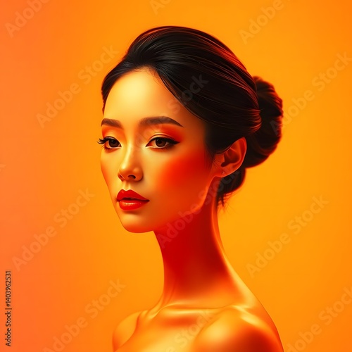 Portrait of an elegant woman with sophisticated makeup and styled hair in a warm, orange glow. photo