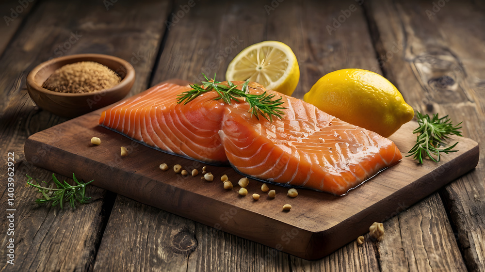 Fresh salmon fish fillet on wooden board and lemon
