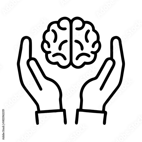Brain health care and mental wellness concept with hands holding brain line art illustration