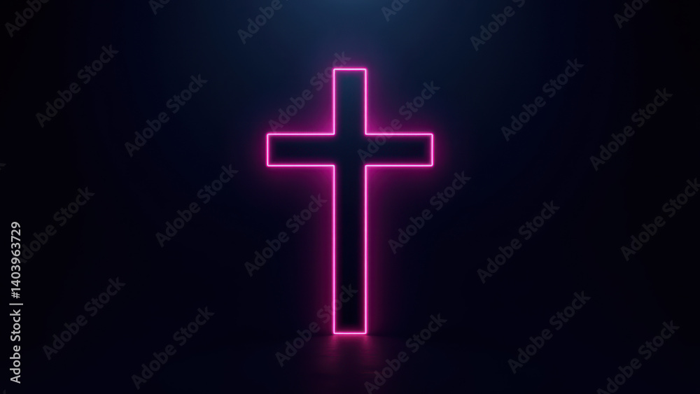 Obraz premium Pink neon Christian cross sign on a dark background.