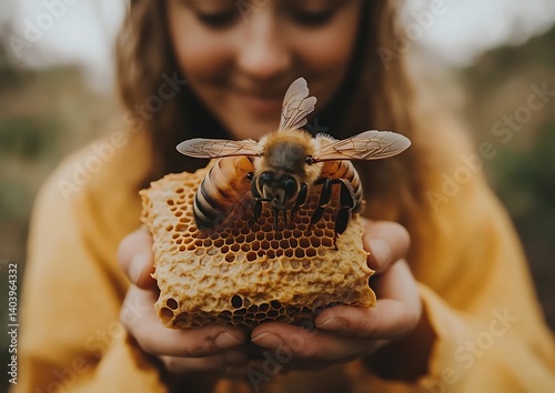 Girl Holds Honeycomb with Bee