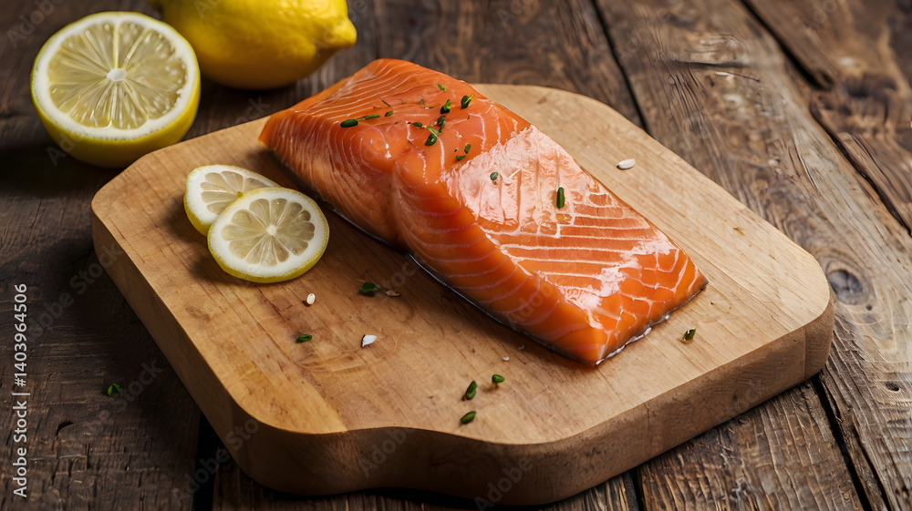 Fresh salmon fish fillet on wooden board and lemon