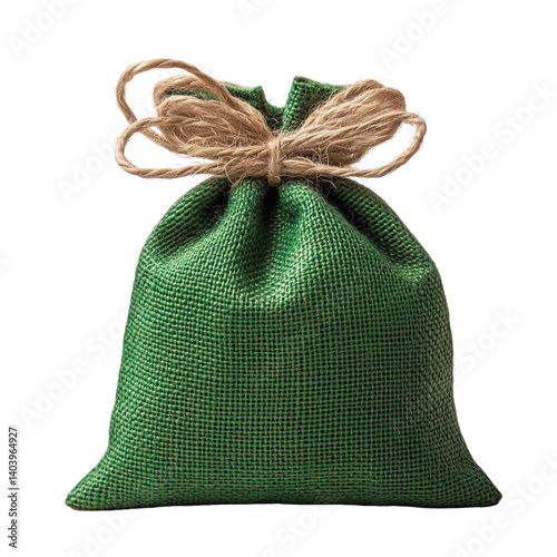 A burlap sack gift bag tied with a red satin ribbon bow, standing upright on transparent png background. Ai generated