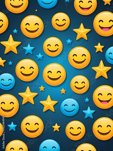 Smiley emojis happy smile beaming faces. Icon emoticons jovial considerate client communication. Interpersonal warmth touch solace symbolized Customer Assistance conversational star face expressions.