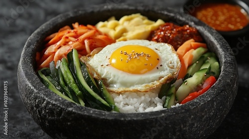 Korean bibimbap recipe stone bowl rice vegetables and a fried egg gochujang on the side