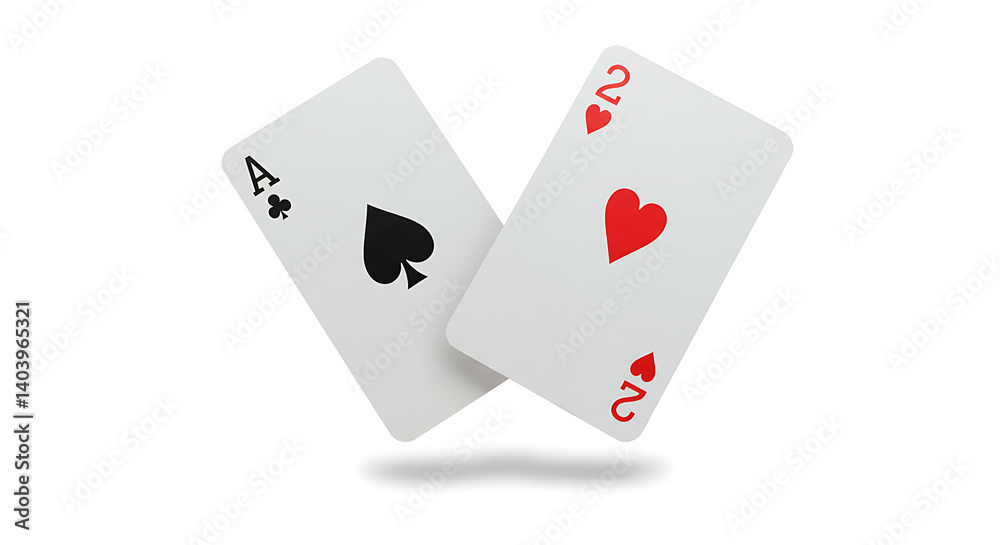 Bold Ace of Spades and Two of Hearts cards with an iconic floating effect, isolated on white for card game tutorials. Bold Ace of Spades and Two of Hearts cards with an iconic floating effect, isolated on white for card game tutorials.
