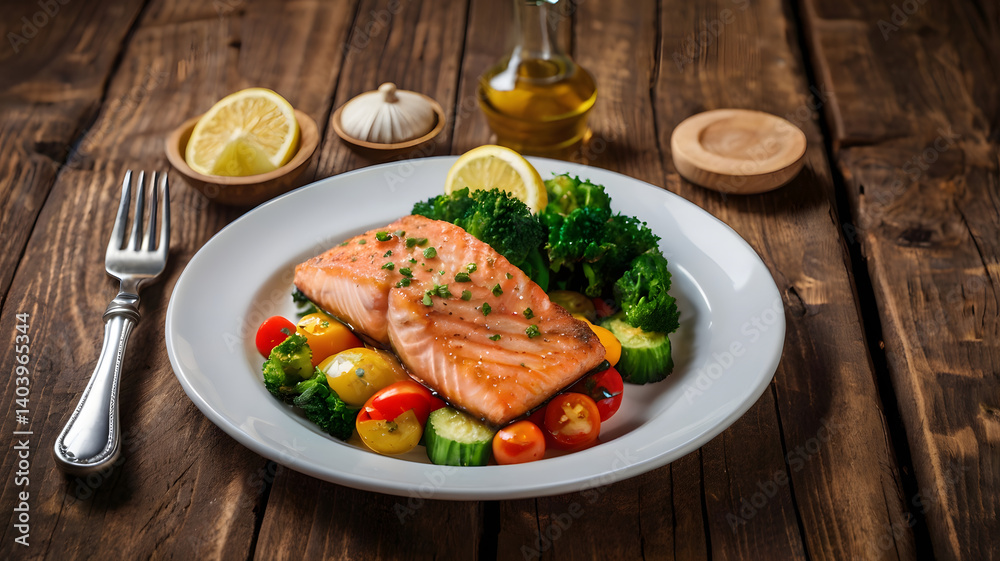 Fried salmon steak with vegetables on wooden table