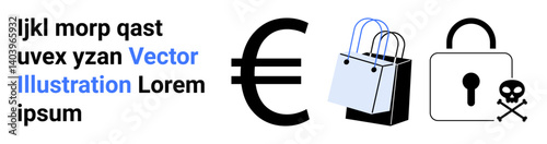 Euro sign, shopping bags, and locked padlock with skull suggest issues of security, finance, risks, online fraud, e-commerce safety, data protection and digital threats. Ideal for finance security