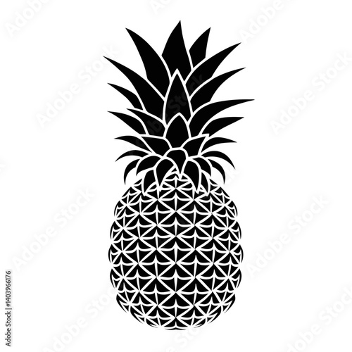 A black  silhouette of a pineapple features geometric patterns for the fruit's surface and stylized spiky leaves on top